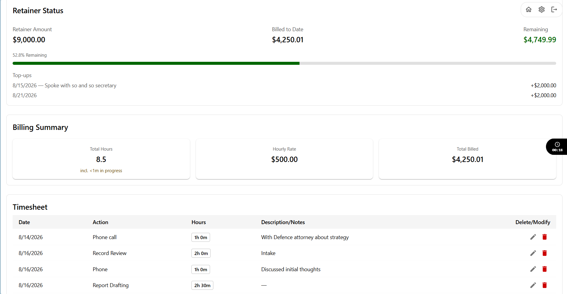 Retainer tracking and billing